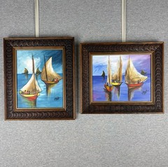 Pair Vtg Haitian MCM Sailboat Oil Paintings Signed Jack 8×10 Carved Wood Frames
