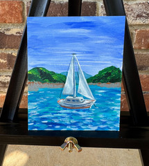 Original Sailboat Acrylic Painting Signed Contemporary Tiny Art 4.5x 5.5 in