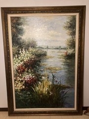 Oil on Canvas Framed Floral Scene on River Painting  5 X 7 Feet Beautiful