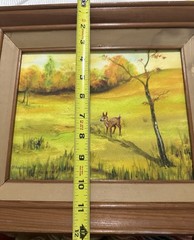 Vintage American folk art painting depicting a fawn in a serene, On Board Singed
