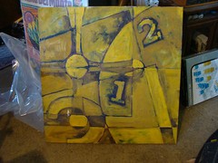 Original OIL PAINTING: abstract clock w/ 1 & 2, in YELLOW & BLACK, 36 x 36 inch