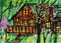 ACEO Original CABIN Spring Pink Tree PAINTING Nature Landscape Evening ATC ART