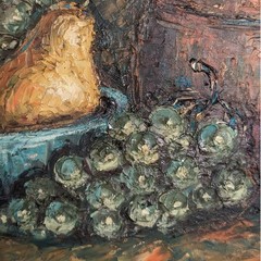 Large Vintage Oil Painting Gold Wood Frame Green Velvet Mat Still Life 42×24 Art