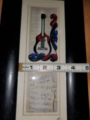 Hand made crafted painted guitar artwork drawing music notes Angela Burter