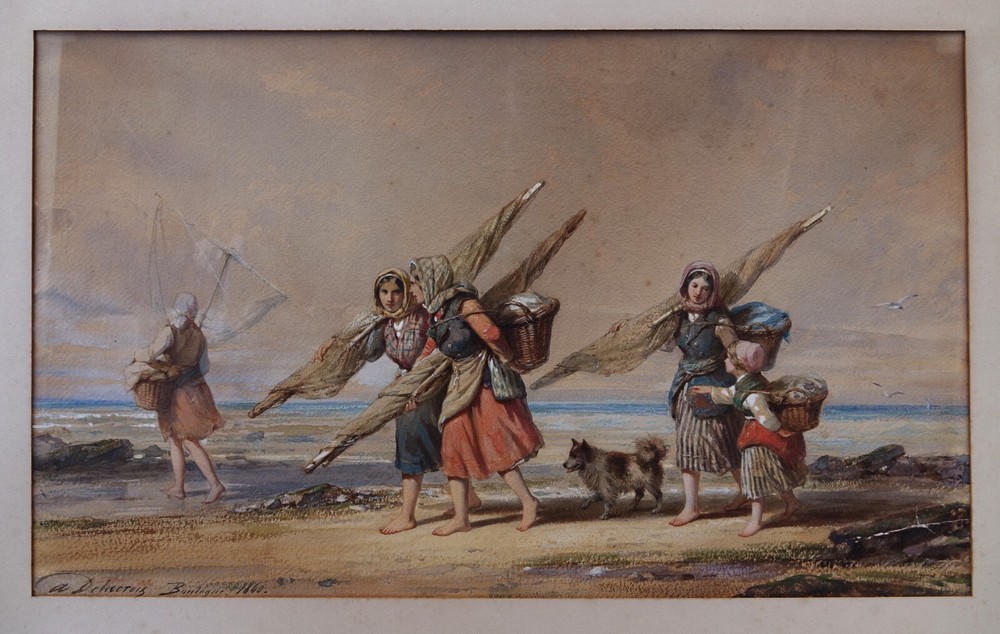 French 19th Century Fisher Women’s LARGE Watercolor by Auguste Delacroix 1860
