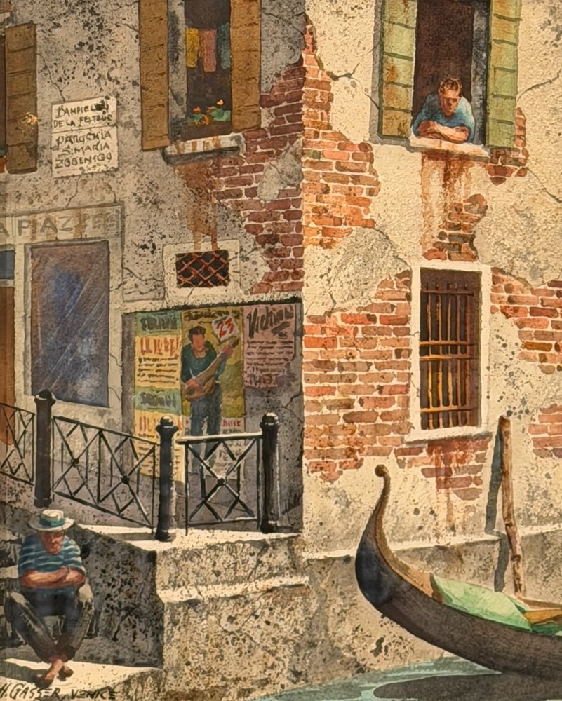 „Resting Gondolier“ Original Watercolor Canal Scene by Henry Gasser