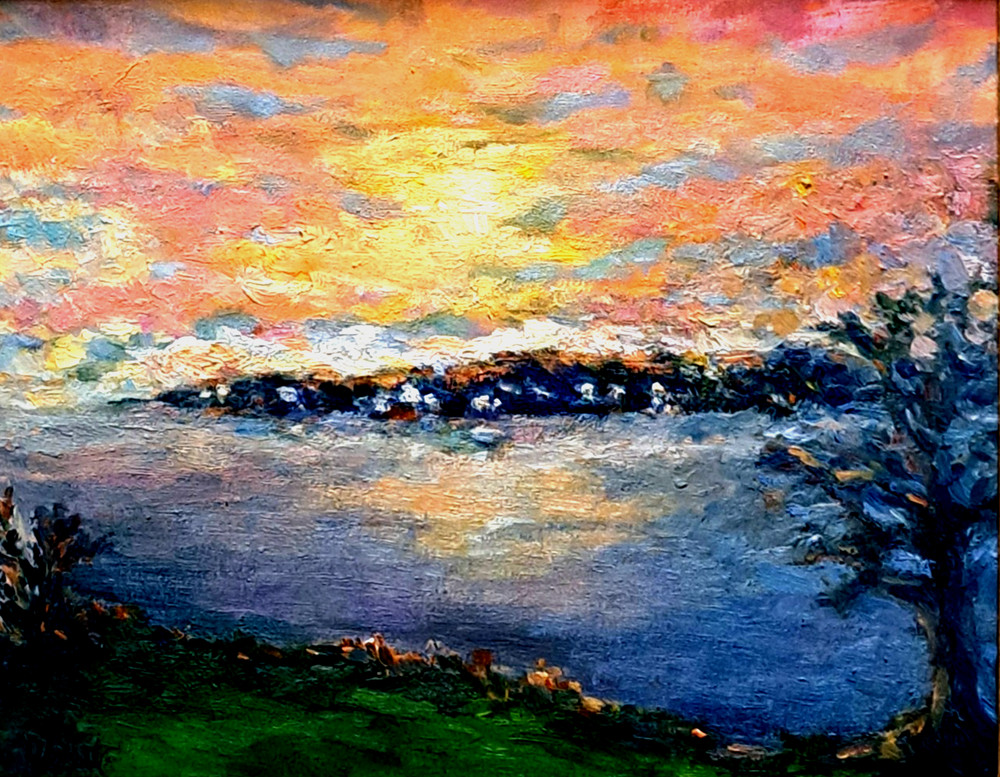 Oil Painting Seascape Sunset Harbor Reflections Dusk Original OOAK- Donalee