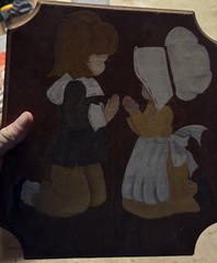 Amish Children in Prayer Wood Plaque Hand-Painted VTG Folk Art Signed Hang