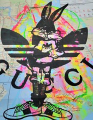 Handpainted Bugs Bunny Acrylic Luxury Pop Art on NYC Subway Map Wall Decor