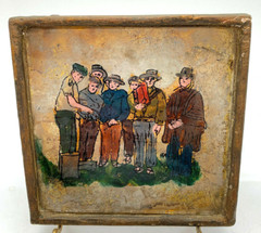 Small Glass Reverse Painting on Gold Leaf 7 Men Hats Sandals Framed Art History
