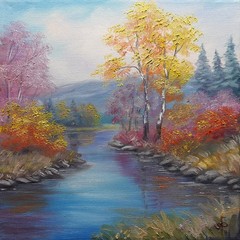 Autumn River Landscape Oil Painting Original Nature Wall Art Canvas Decor 10×10
