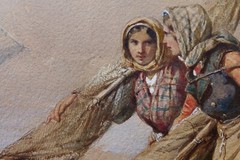 French 19th Century Fisher Women’s LARGE Watercolor by Auguste Delacroix 1860