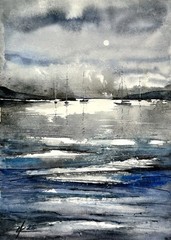 Sea scape sunset regatta yachts bright Black And White Watercolour Original ￼
