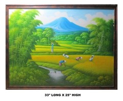 LOWEST PRICE! LARGE SIZE „BALI FOLK ART“ PAINTING on CANVAS, WOOD FRAME 33″x25″