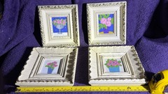 Set of 4 White Distressed Wood Floral Ornate floral paintings, about 6 x 7 in