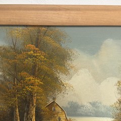 Vintage OOAK Artist Signed Framed Barn Landscape Nature Lake Cabin Calm Painting