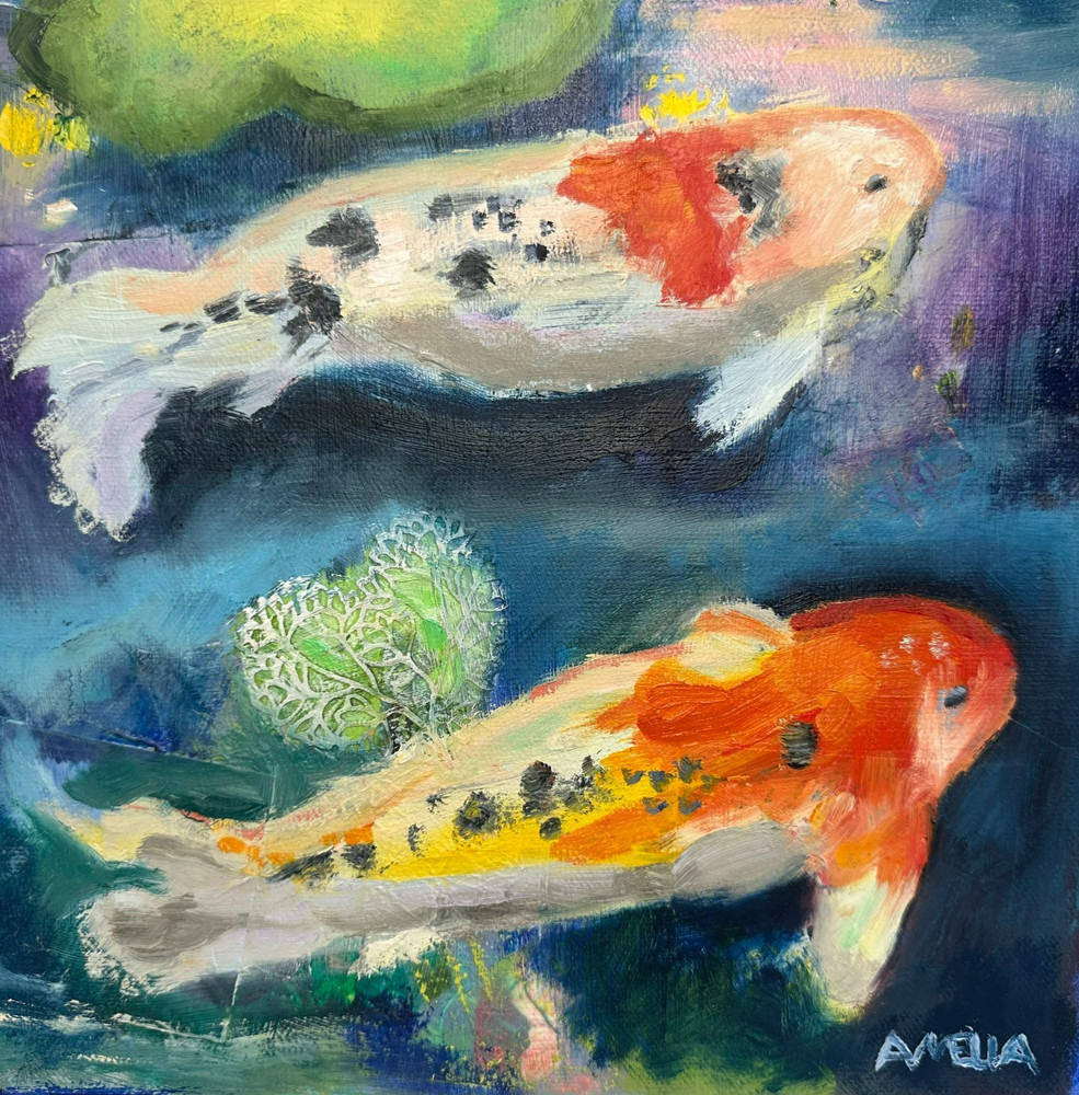 Original Oil Painting Koi Fish Pond OOAK 10×10″ Gallery Wrapped Wall Decor