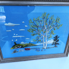 Landscape Tree Lake Cabin Handmade Needlepoint Embroidery Textile Art Framed