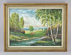 9360050-d oil painting signed Pissulla landscape with birches dated 1960 83 x 64 cm
