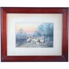 Antique GEORGE RIECKE Watercolor Painting, Landscape with Sheep c. 1890