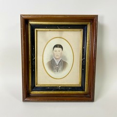 Antique 1850s Hand Drawn + Painted Victorian Folk Style Portrait Mounted Framed
