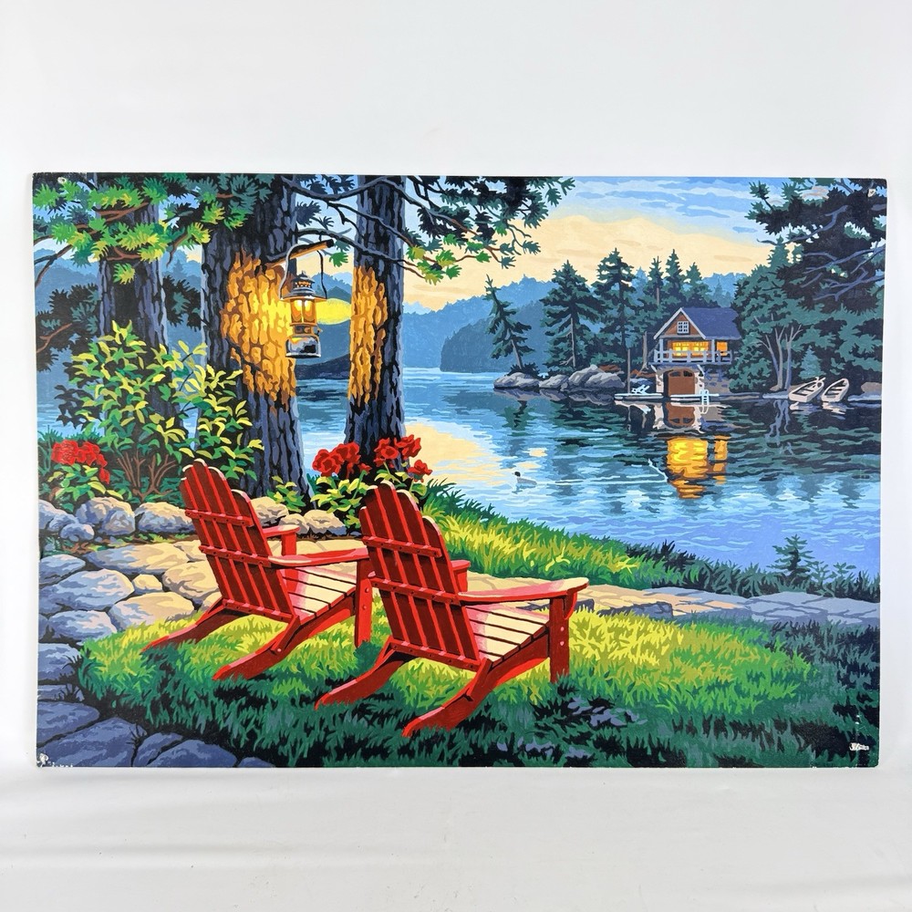 Evening River Cabin & Adirondack Chairs Paint By Numbers Painting 2011 Completed