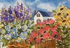 Original Pamela Wilhelm whimsical Garden White House with Red Geraniums shutters