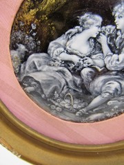 Antique Limoges enamel painting after Boucher Pastoral roundel 6.5” frame round