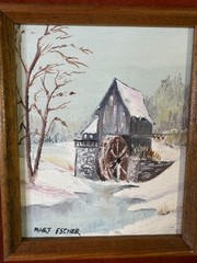 Miniature Winter Mill Oil Painting M. Escher Landscape Original Art Velvet Frame