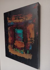 Small abstract original black turquoise blue purple red ochre „Long Night“