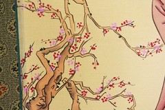 Antique Chinese Watercolor Painting Asian Woman Winter Time Long Red Coat Cherry