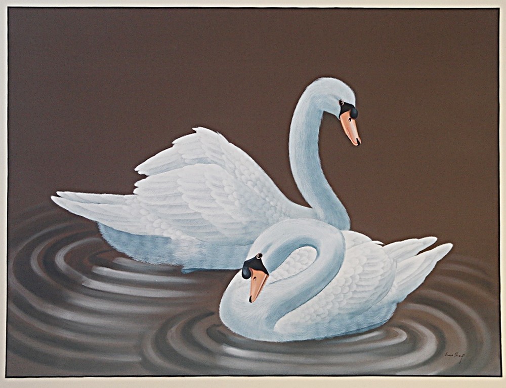 Beautiful Pair of White Swans Acrylic Painting Signed Lee Sheng(?) Painting Only
