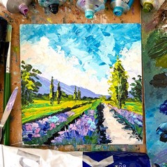 Lavender Field Painting Provence Original Art Impasto Oil Painting Unframed 6х6
