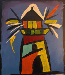 Folk Art Lighthouse Painting Original Art 14×11 Canvas Signed Beach House Decor
