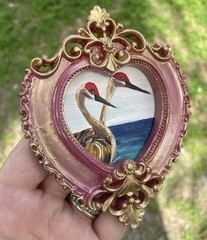 Sandhill Crane birds seascape print in mini vintage style heart shaped frame