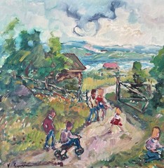 Nils Severin (1910) Swedish Expressionist. Rural Childhood Scene. c.1950- COA