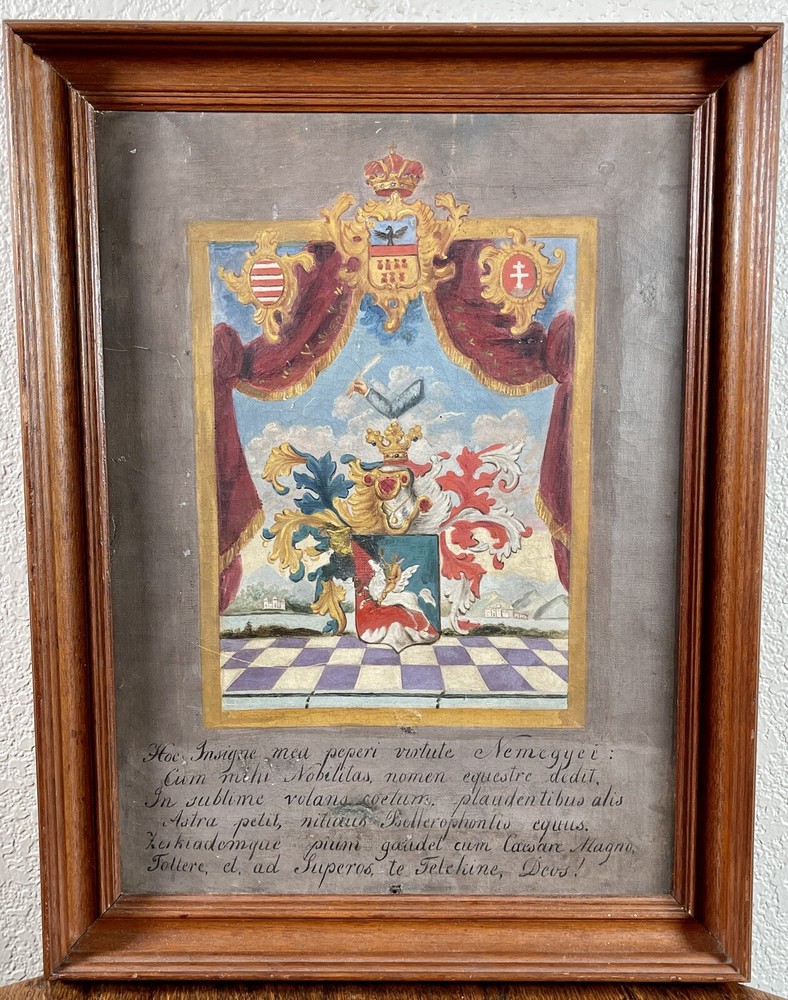 Antique Coat Of Arms Oil Painting 19th Century Family Crest Pegasus Austrian