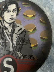 Spray Paint Stencil Art on Vinyl Album of Unknown Person, S, & Cheeseburgers.