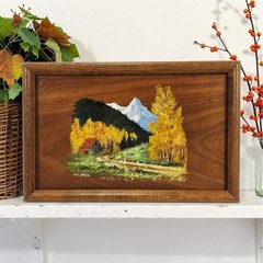 VTG Hand Painted Art on Board Wood Framed Fall Autumn Mountain Cottage USA 8.5″