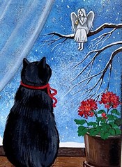 ACEO PRINT OF PAINTING RYTA CHRISTMAS BLACK CAT angel music folk art moon flower