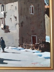 Snowfall in an Old Italian Village Winter Landscape Vintage Oil Painting signed