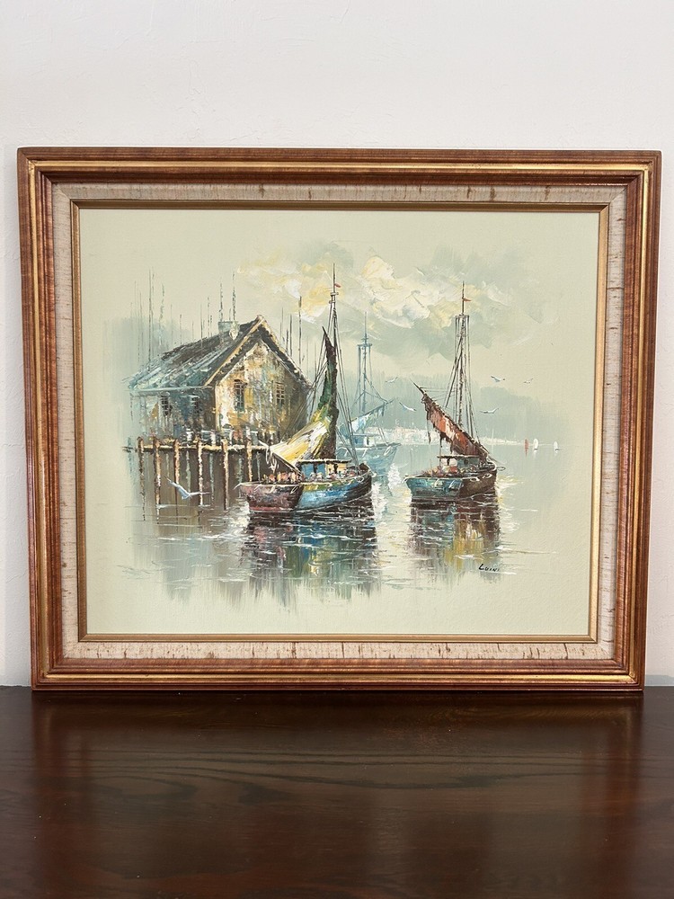 vintage John Luini Original Sea Side Painting Boats At The Dock