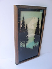 70s Lulu’s (?) Reverse Artwork~Pine Trees~Greens~Lake Mountain~Cabin~Wood~Vtg
