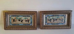 3 Vintage Persian Miniature Painting Khatam Marquetry Frame Hunting Chovgan Art