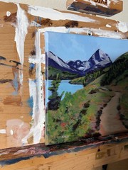 Glacier Park Trail Landscape Painting – Lake, Forest Path & Snowy Peaks Wall Art