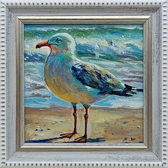 Seagull Original Oil Painting 4×4 Framed Signed Ocean Seagull Beach Bird Art