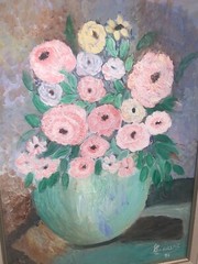 VTG ‘96 Still Life Flowers Ranunculus Roses Blue Vase Canvas Modern 18”x 25.75”