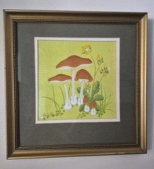 Vintage Mushrooms Watercolor Painting Signed Amie Hecht Cottage Fairy Whimsical