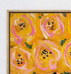 Original Acrylic Painting by Mary Myers Yellow Roses Leopard Vase Pink