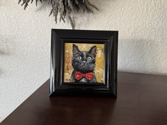ORIGINAL OIL PAINTING BLACK CAT PORTRAIT HALLOWEEN CHRISTMAS SIGNED FRAMED 4×4
